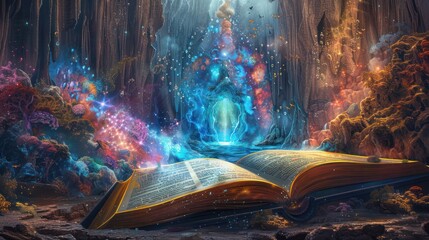 Wall Mural - A photorealistic painting of a book opening to reveal a portal inside, leading to a fantastical world bursting with color and wonder