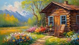 Fototapeta  - Rocking chairs outside a cabin in the spring season with flowers and trees, oil painting
