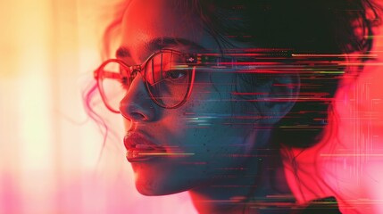Wall Mural - A woman with red glasses looking at the camera. The image is a digital art piece with a futuristic and abstract feel