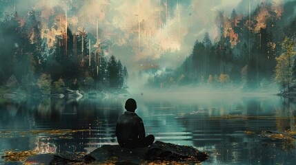 A man is sitting on a rock by a lake. The sky is cloudy and the water is calm. The man is in a peaceful and contemplative mood