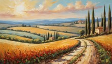 Vintage Tuscan Oil Landscape Painting Of Summer Fields, Cypress Trees And Winding Road, Neutral Tones