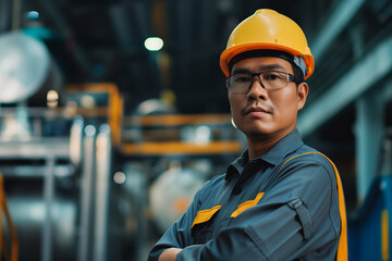 Wall Mural - Portrait of Industry maintenance engineer man wearing uniform and safety hard hat on factory station. Industry, Engineer, construction concept.