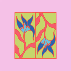 Wall Mural - Bright abstract plants, mosaic, stained glass. Vintage cartoon style. Retro style, hand drawn vector illustration.