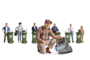 Poster - Elderly man collecting plastic bottlesand people standing with recycling materials