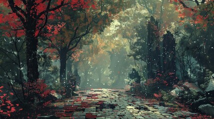 Wall Mural - A forest with a path through it. The path is covered in leaves and snow