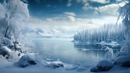 Poster - A frozen winter wonderland with snow-covered trees and a glistening icy lake.