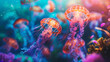 A group of vibrant jellyfish swimming gracefully in the depths of the ocean, their ethereal glow mesmerizing.