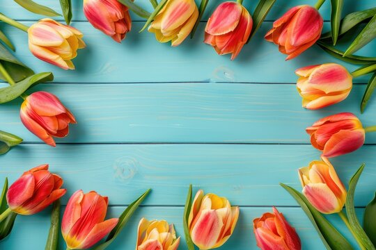 Tulip frame on rustic background for spring holidays.