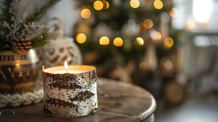 Sticker - Christmas candle in the birch tree bark candle holder on a table in cosy and bright room with Christmas tree lights in he background. 