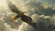 A magnificent eagle soaring high in the sky, its wings outstretched against a backdrop of clouds.