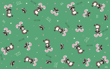 Wall Mural - Raccoon Bunny seamless ornament. Doodle Animal endless background. Vector illustration can used web Wallpaper Fabric Clothes Print. Easter Wrapping Paper design. Y2K Vector aesthetic. EPS 10