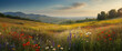for advertisement and banner as Blooming Horizons Showcase the endless fields of wildflowers and blooms. in Fresh Landscape theme ,Full depth of field, high quality ,include copy space on left, No noi