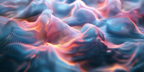 Dynamic digital landscape made of glowing waves on 3D mesh, portraying virtual terrains