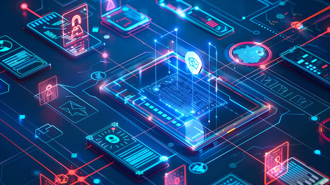 Digital network and data connections concept. Isometric technology design for banner,Blue and Red Background With Various Electronic Devices, A flowchart showcasing the steps of cybersecurity