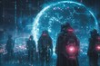 Shadowed personnel in futuristic armor observe a holographic globe, studded with luminescent data points. Armored watchers survey a spherical projection aglow with digital constellations,