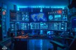 Control room aglow with neon blue light, screens illuminate various data points, world map glimmers in the central display. Monitoring station radiant in electric blues, central workstation commanding