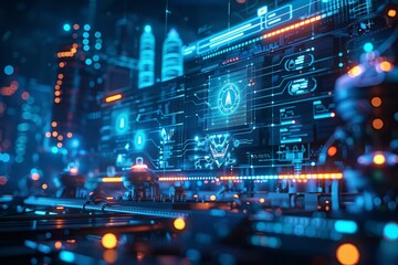 Intricate digital screens with vibrant graphics depict analytics and network data, offering a glimpse into futuristic monitoring. Network operation center alive with colorful data visualization,