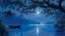 The Silvery Moon Peers Through A Lattice Of Branches Casting A Bewitching Radiance Over The Peaceful River Below. A Lone Canoe Drifts . .