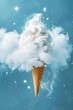  ice cream cone made of clouds and sparkles isolated on sky blue background, creative summer ads with copy space