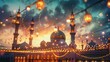 Eid al-Fitr fantasy scene with lantern-strung mosques and moonlit sky infused with warm bokeh lights