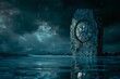 Reflection in a digital ocean, ancient stone clock facing an emerging digital evil, stark contrast, night, closeup, eerie