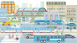 Stadtsilhouette einer Stadt mit  öffentlicher Verkehr und Menschen,  illustration