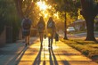 Three individuals, possibly students, walking down a sidewalk during sunset with long shadows cast by soft golden hour sunlight