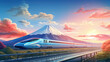 Beautiful view with modern high speed train on the railway station and colorful sky with clouds at sunset in Tokaido Shinkansen with view of mountain fujiyama. Industrial landscape