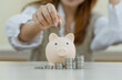 © suksan - woman hand putting money coin into piggy for saving money wealth and financial concept, Stack of coins arranged together