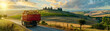 Cargo truck full of cheese products on the road in the pasture with sheep in a tuscany countryside and sunset. Concept of high quality food products, local farming, cargo and shipping.