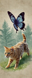 Fototapeta Koty - for advertisement and banner as Feline Frolic A playful kitten chasing a watercolor butterfly. in watercolor pet theme theme ,Full depth of field, high quality ,include copy space on left, No noise, c