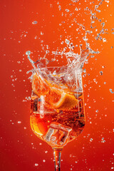 Wall Mural - splash of orange juice in drinking glass on orange Background 