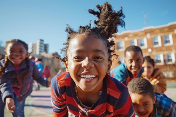 A group of young children, including African American kids, play and laugh together in a park while enjoying their time outdoors