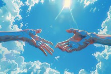 Human Clear Color Hands Reaching Towards Each Other, Clear Blue Sky Background, Vibrant Colors, High Detail. .