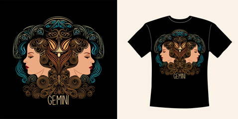 T-shirt design with Gemini zodiac sign. Gemini Zodiac symbol with beautiful girl hand drawn vector colorful illustration on black background. Astrological contemporary art, magic female character.