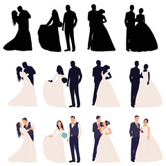 Sticker - set of bride and groom silhouette on white background vector