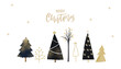 Merry Christmas greeting card, winter forest, black and golden trees on white banner. vector textured simple holiday decoration