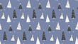 Blue Christmas pattern, scandi simple trees texture with golden stars and decorations. Vector holiday panoramic banner, wrapping paper