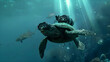 sea turtle swimming. turtle wears scuba goggles and has an oxygen tank.
