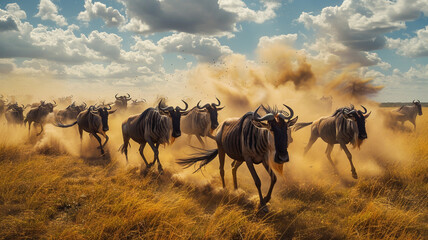 Poster - Captivating ultra 4k, 8k photo of a herd of wildebeest stampeding across the African plains during the Great Migration, their thunderous hooves kicking up clouds of dust as they race toward