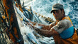 A fisherman on a trawler with a net full of fish. Commercial fishing in the sea. Work on a fishing boat