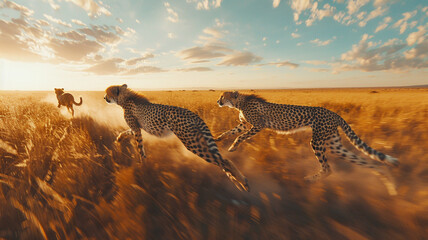 Poster - Captivating ultra 4k, 8k photo of a group of cheetahs sprinting across the open plains in pursuit of prey, their sleek bodies and lightning-fast movements 