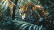 Majestic ultra 4k, 8k photo of a lone jaguar prowling through the dense undergrowth of the Amazon rainforest, its powerful muscles rippling beneath its spotted coat, captured with breathtaking