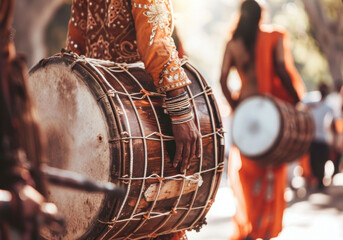 Wall Mural - Indian woman plays dhol on the street during Baisakhi festival, banner