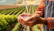 Closeup of two wrinkled hands (cupped hands full of fresh water) of a farmer holding fresh water. Concept of water scarcity, drought or water conservation. Generative Ai.