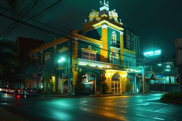 A building with yellow and green colors is lit up at night