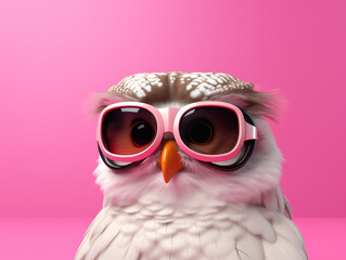 Wall Mural - Portrait photorealistic of anthropomorphic fashion Owl in fashionable glasses isolated on solid pink background. Creative animal concept. Copy space. Banner.