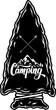 Camping emblem in arrowhead shape. Design element for poster, card, banner, emblem, sign. Vector illustration