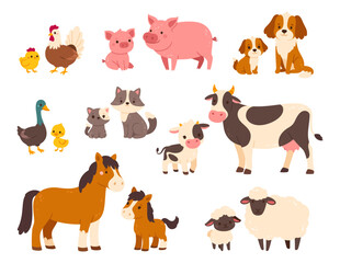 farm animals with their baby. cartoon pet animal family. mothers and kids. domestic parents and chil