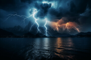 Wall Mural - Dangerous and violent lightning, lightning storm events.